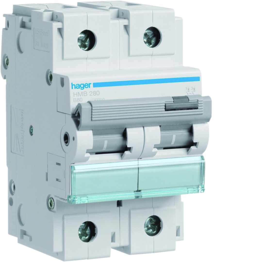 Hager HMB HMB Circuit Breaker, 2-Pole, 80A, Type B, 415V ac AC, 15 kA Breaking Capacity