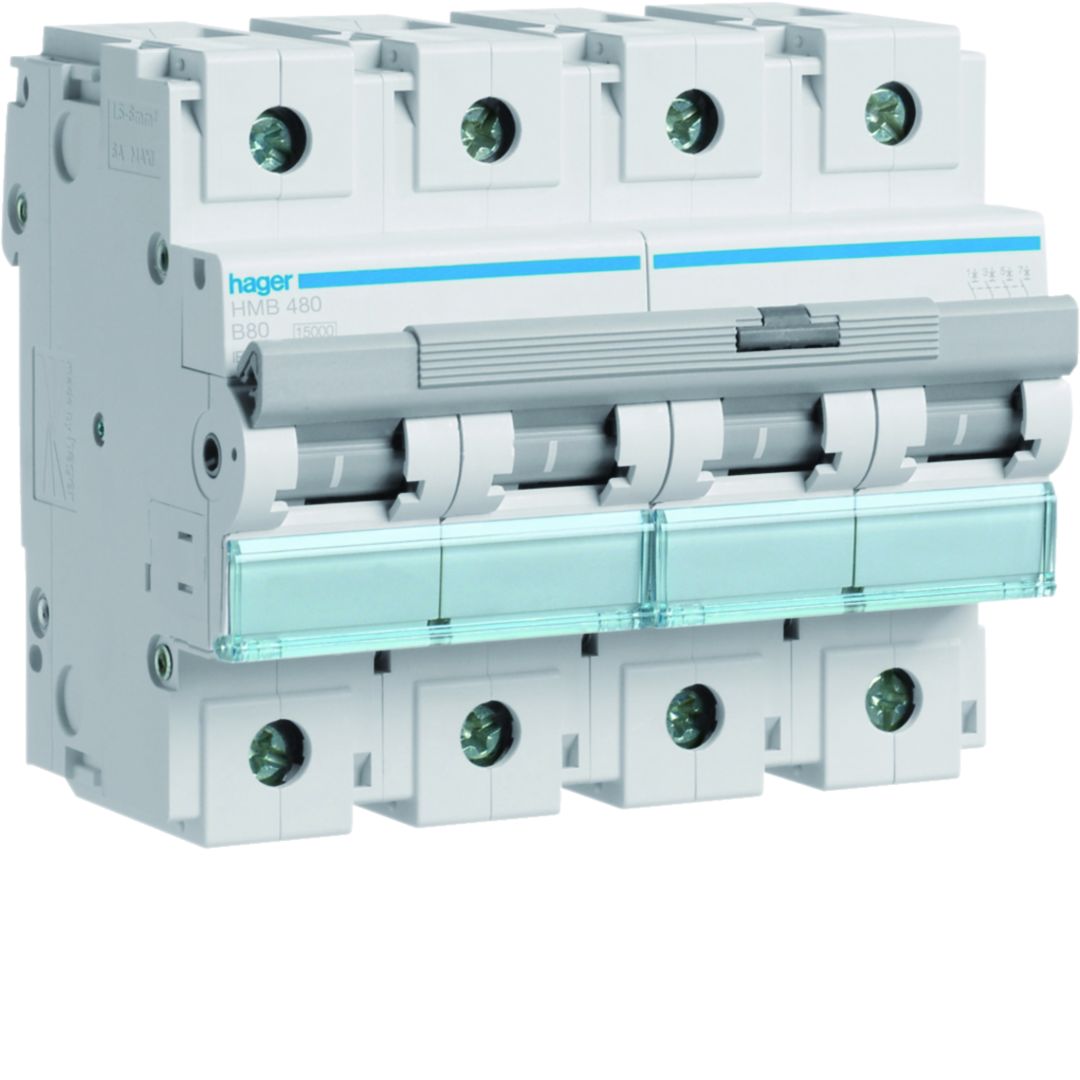 Hager HMB HMB Circuit Breaker, 4-Pole, 80A, Type B, 415V ac AC, 15 kA Breaking Capacity