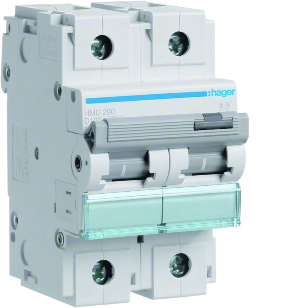 Hager HMD HMD Circuit Breaker, 2-Pole, 100A, Type D, 415V ac AC, 15 kA Breaking Capacity