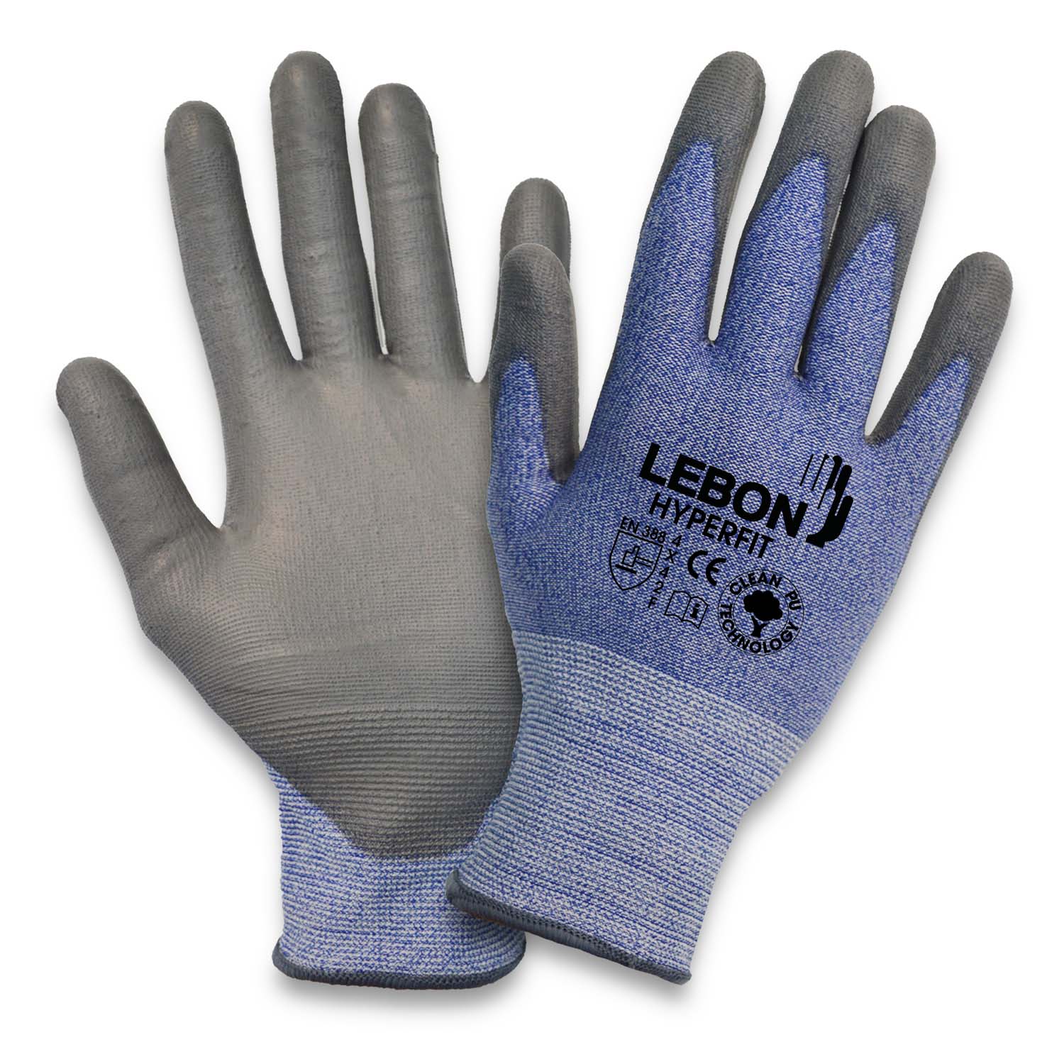 Lebon Protection HYPERFIT-7 Black, Blue Elastane, HPPE, Polyamide Glove, Size 7, Polyurethane Coating