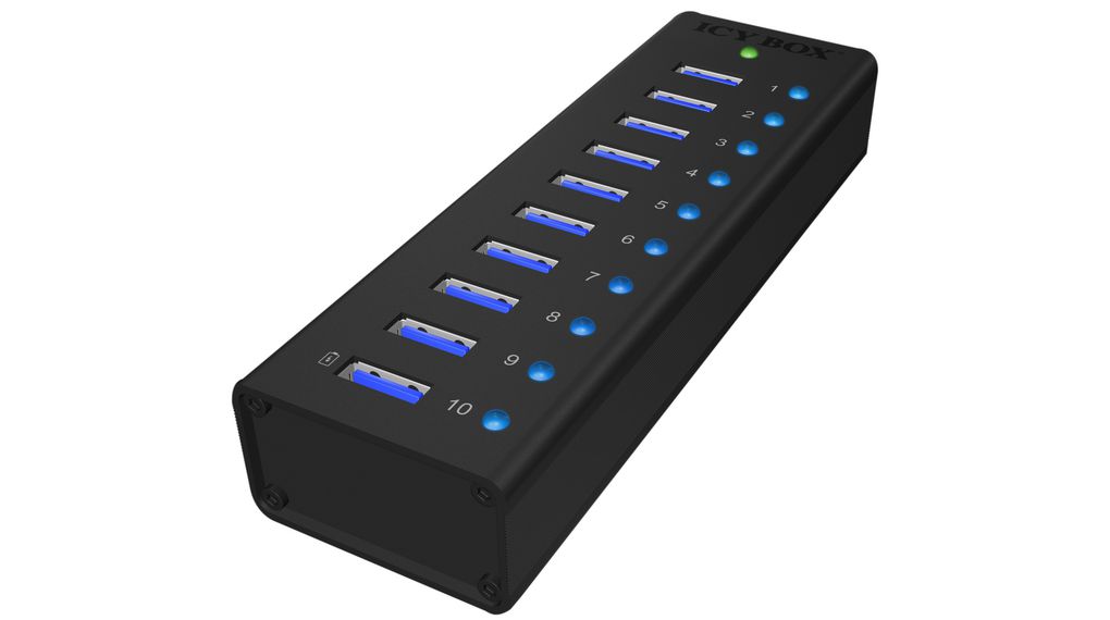 ib-ac6110 ICY BOX 10 Port USB 3.0 USB 3.0 Hub, Adapter Powered, 25 mm 145 mm 45mm