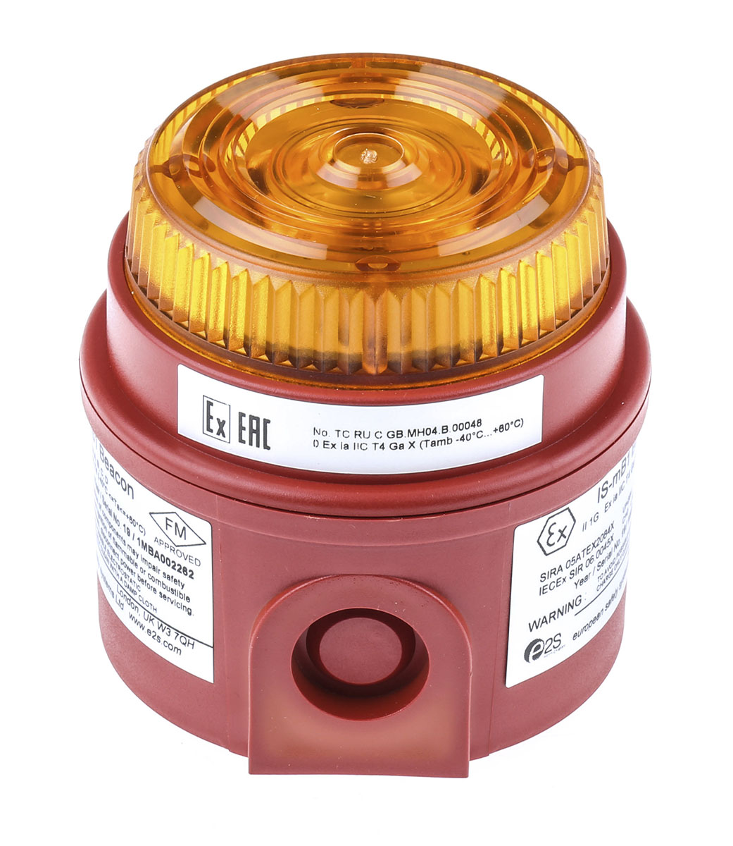 e2s IS-mB1 Series Amber Flashing Beacon 28V dc, LED Bulb Surface, IP65