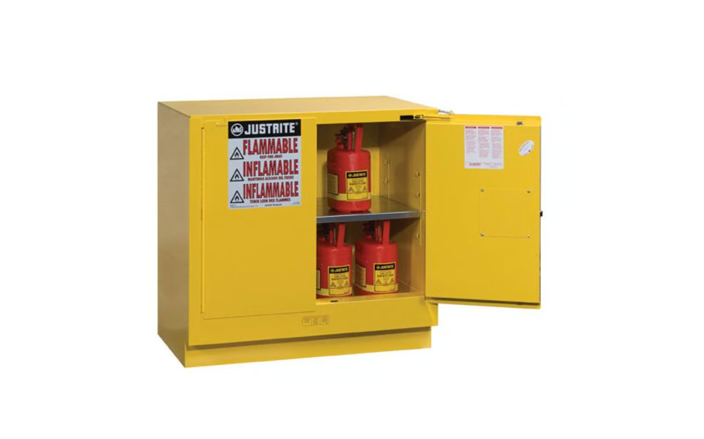 Justrite Yellow Steel Lockable 2 Door Flammable Cabinet, 889 mm x 889mm x 559 mm