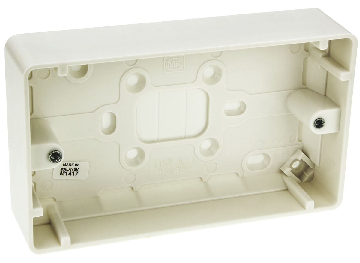 MK Electric Logic Plus White Gloss Urea Moulded, High Grade Thermoset Back Box, BS, IP20, Surface, Flush Mount, 2 Gangs