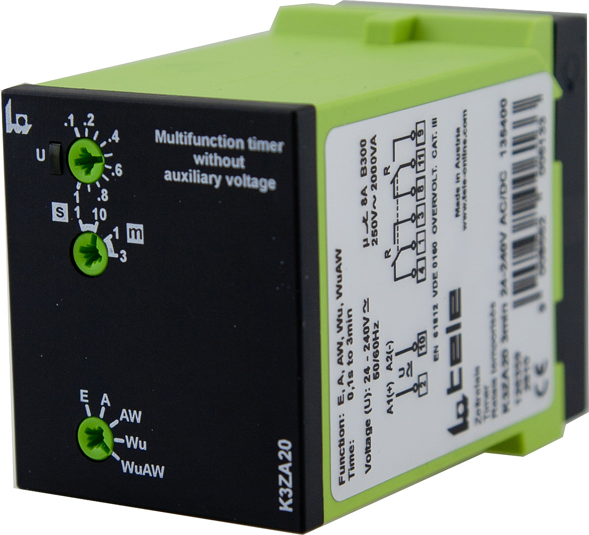 Tele K3ZA20 Series Timer Relay, 2-Contact, 24 to 240 V dc 24V ac, 240 V ac, 1 s to 3 min, Multifunction-Function, DPDT
