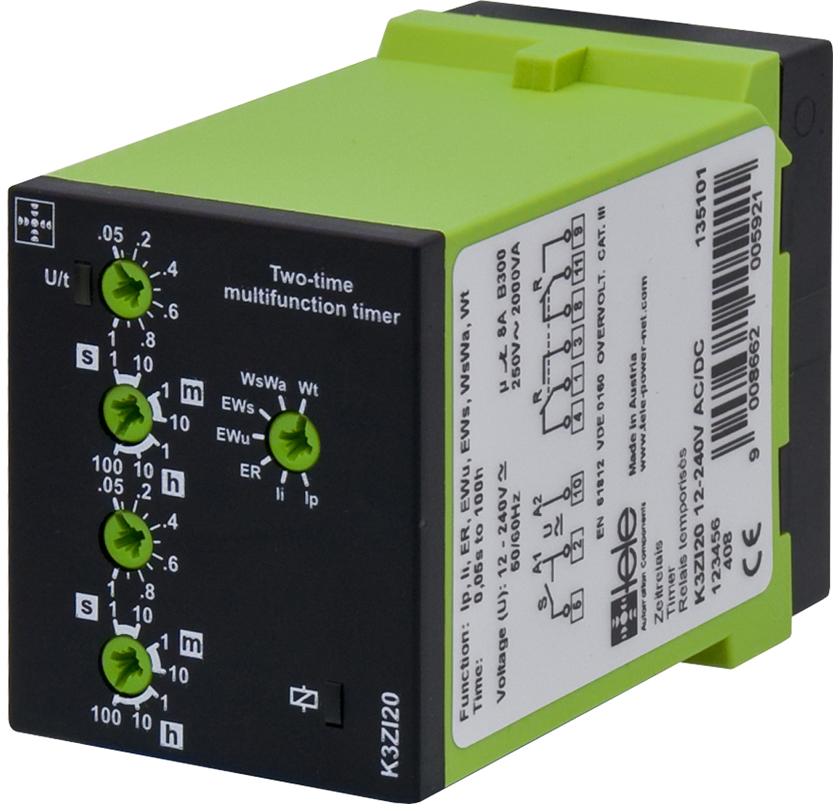 Tele K3ZI20 Series Timer Relay, 2-Contact, 12 to 240 V dc 12V ac, 240 V ac, 1 s to 100 h, Multifunction-Function, DPDT