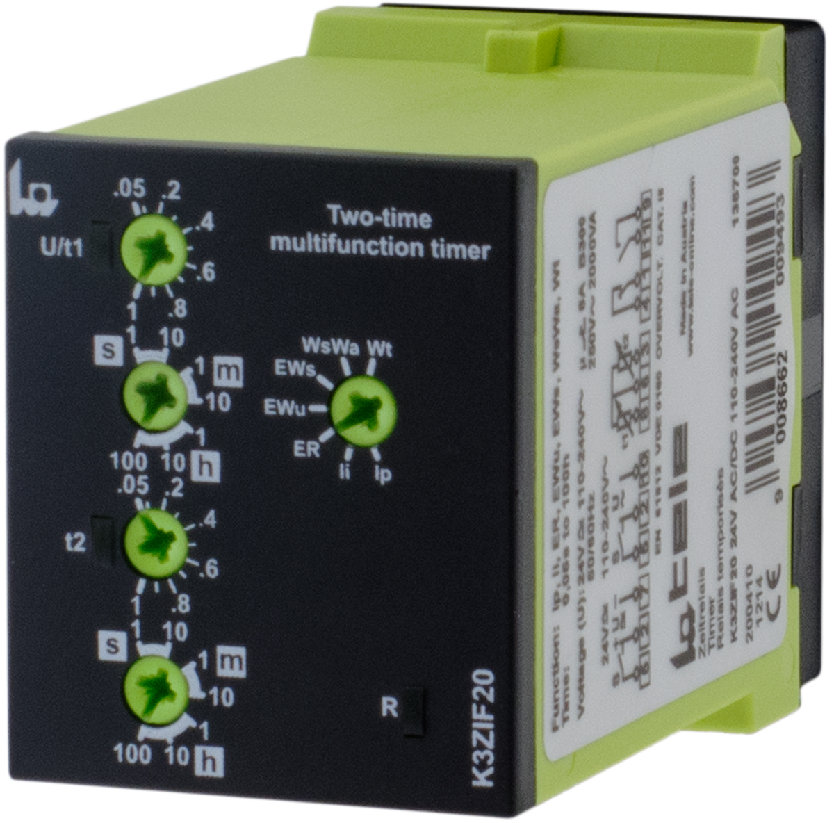 Tele K3ZIF20 Series Timer Relay, 2-Contact, 24 V dc 110V ac, 24 V ac, 240 V ac, 1 s to 100 h, Multifunction-Function,