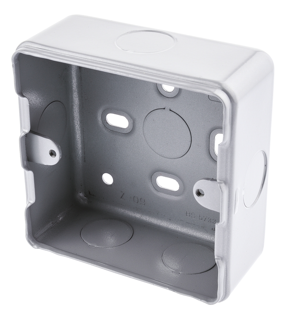 MK Electric Metal Clad Silver Matt Aluminium Back Box, BS, IP20, Surface Mount, 1 Gangs 86 mm 86mm 38 mm