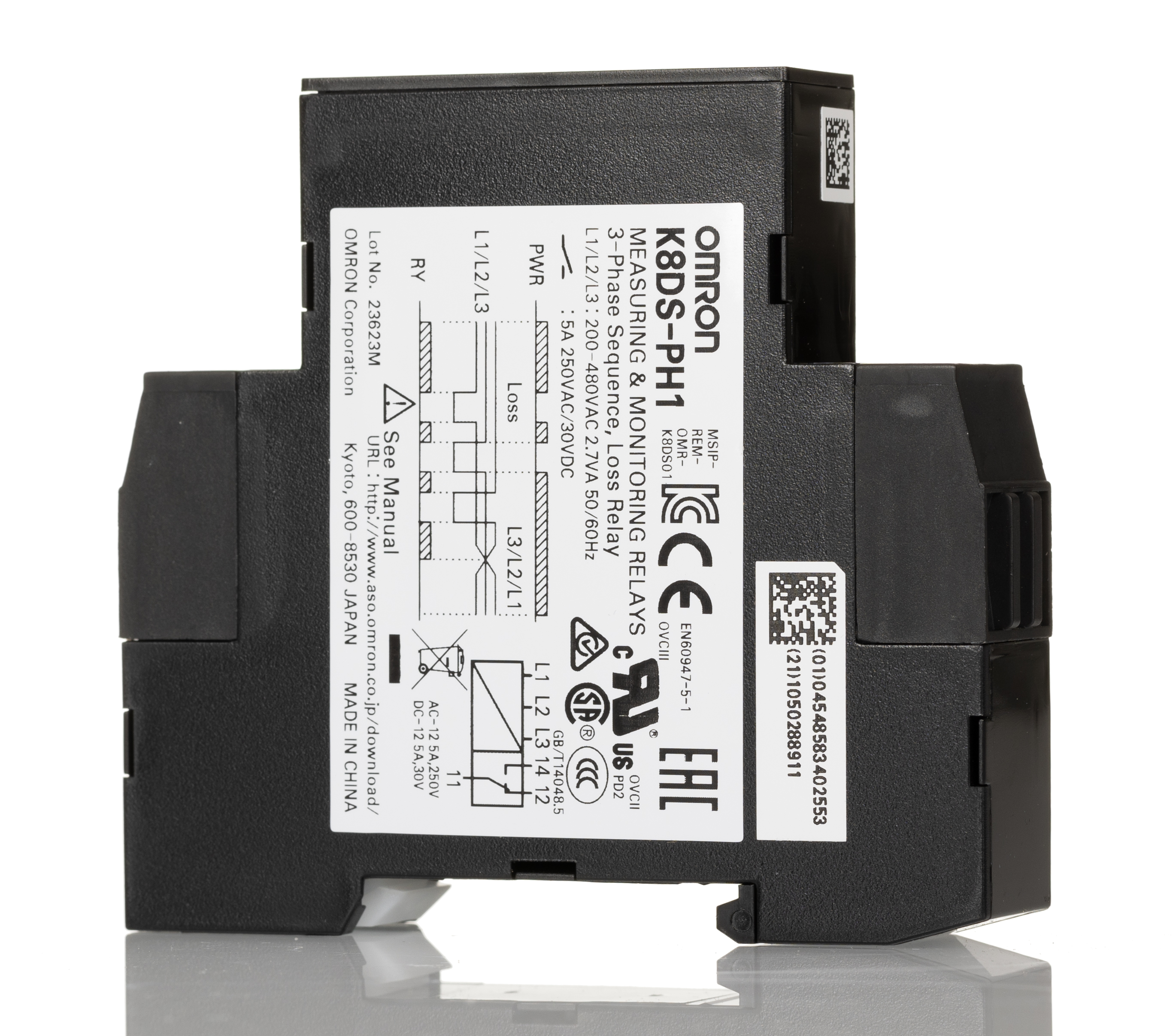 k8ds-ph1 Omron Monitoring Relay, 3 Phase, 200/480 V ac Monitor Range, SPDT, DIN Rail, 200V ac, 480 V ac