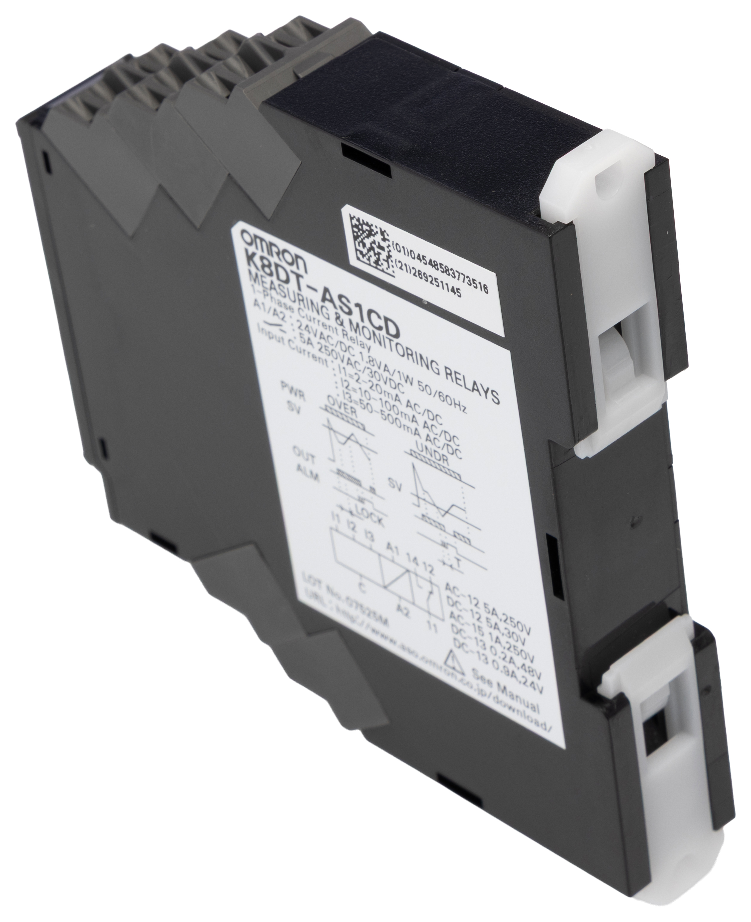 k8dt-as1cd Omron Monitoring Relay, 1 Phase, SPDT, DIN Rail, 2mA to 500mA, 0 V ac, 0V ac