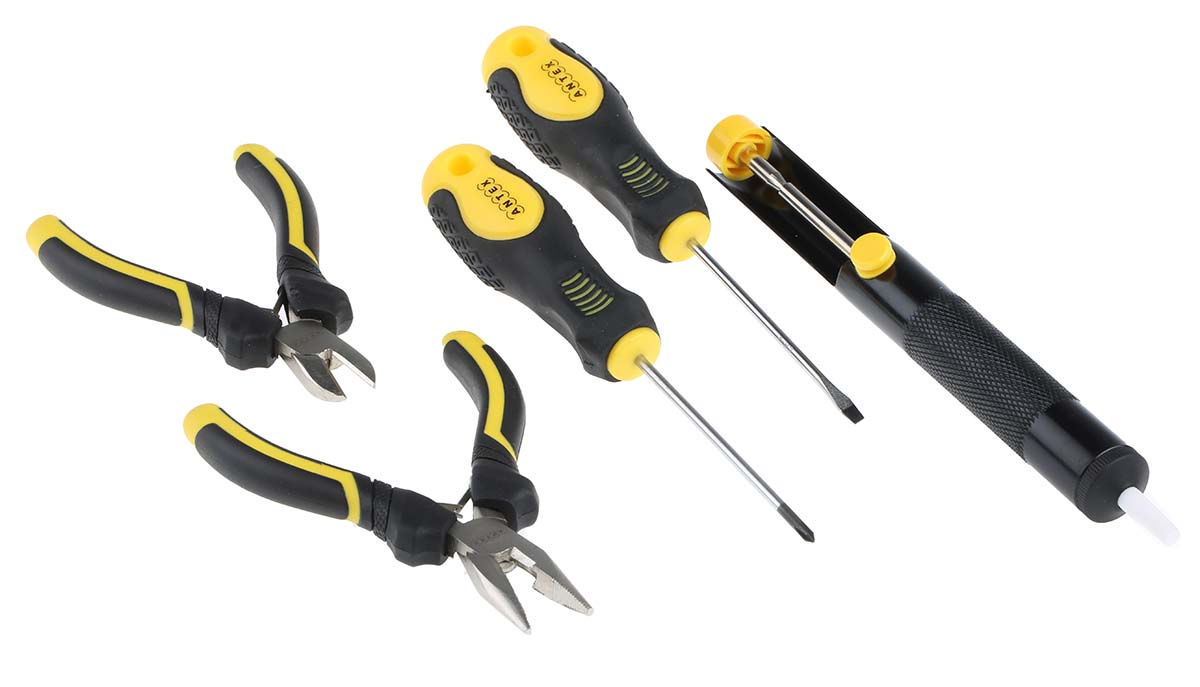 kc8jsza Antex Electronics 25W Electric Soldering Iron Kit, kit contents: Mini Pliers, Digital Multimeter With Battery, Hex Allen