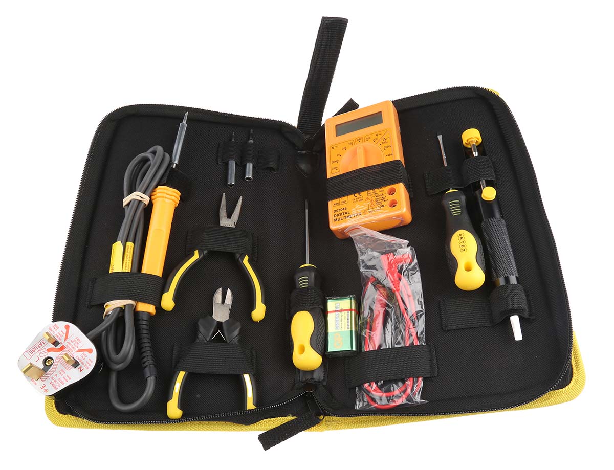 kc8jsza Antex Electronics 25W Electric Soldering Iron Kit, kit contents: Mini Pliers, Digital Multimeter With Battery, Hex Allen