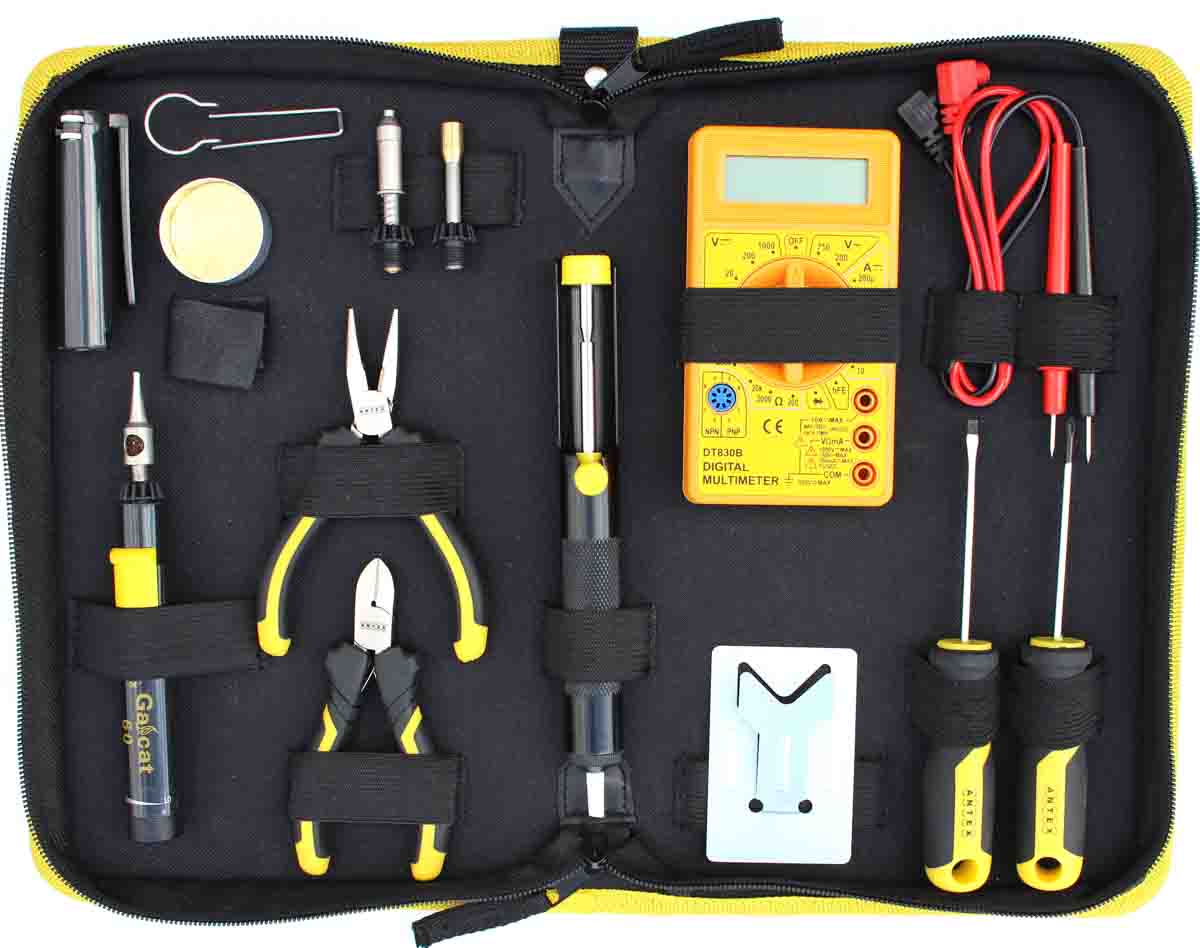 Antex Electronics 60W Gas Soldering Iron Kit, kit contents: Hot knife tip, Tray, Hot Air Blow Tip, Cleaning Sponge,