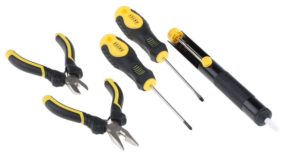 kf8jsza Antex Electronics 18W Electric Soldering Iron Kit, kit contents: Desoldering Pump, Flat Blade Screwdriver, Pair of Mini
