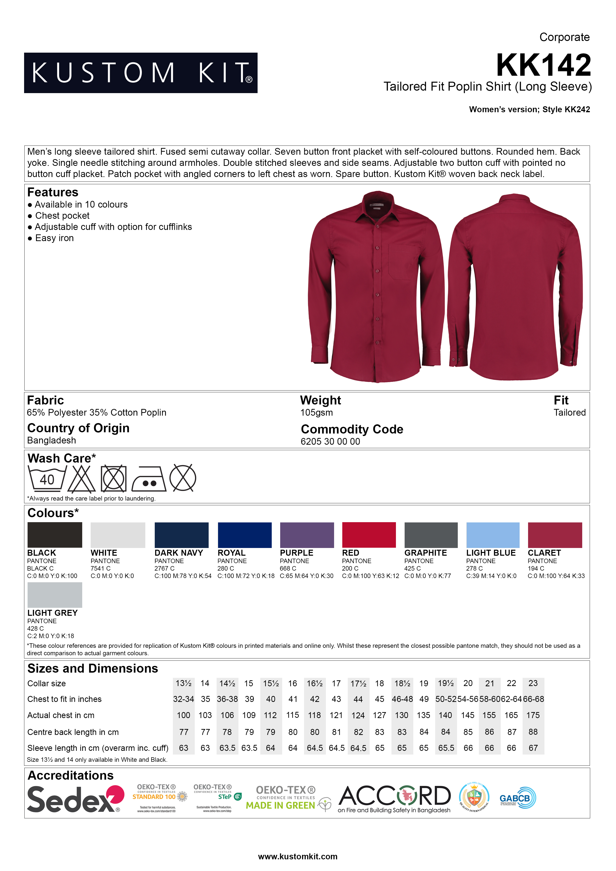 Kustom Kit KK142 Graphite 65% Polyester, 35% Cotton Work Shirt 21 in