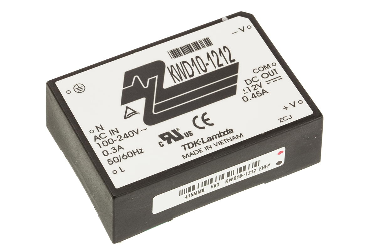 TDK-Lambda Switching Power Supply, KWD10-1212 2 Output 12V dc, 450mA, -450 mA, 10 W, Input 85V ac to  340 V dc, 265V ac