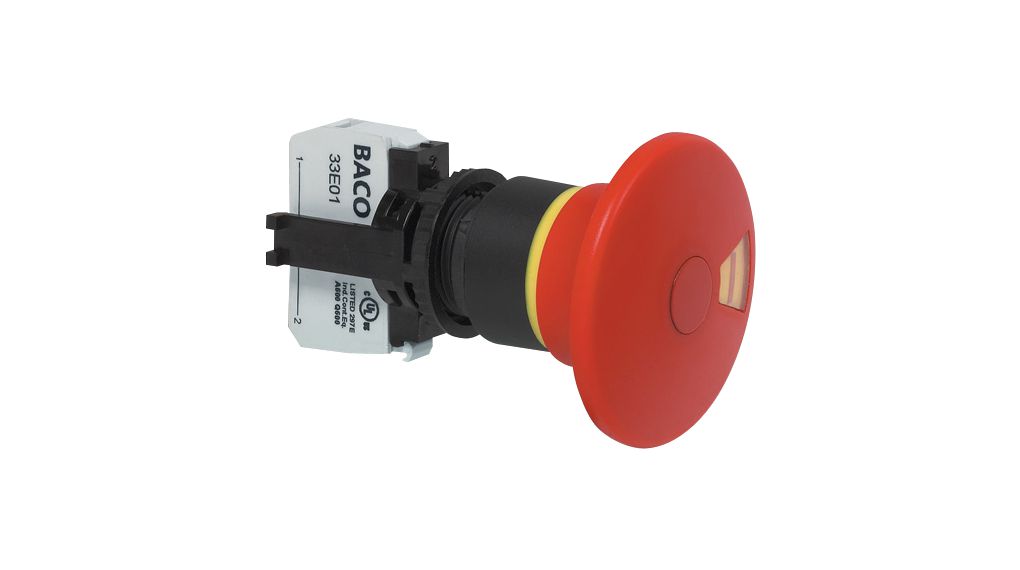 BACO L22DU Series Emergency Stop Push Button, Momentary, Panel, 22 mm Cutout, 2 NC, Red LED, IP66 240 V ac