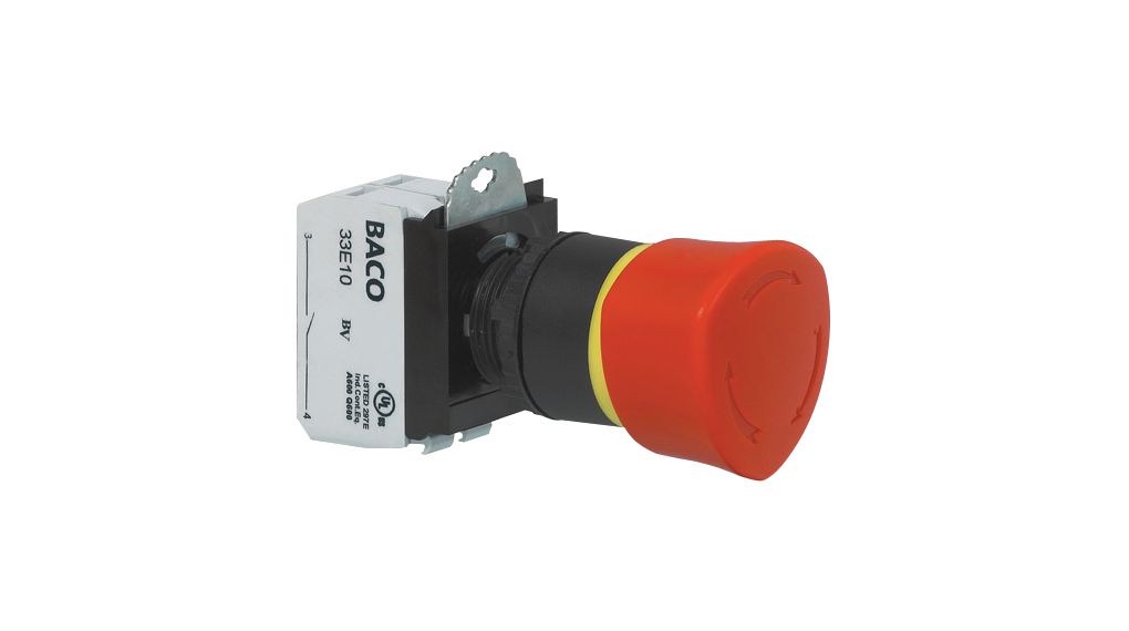 BACO L22ER Series Emergency Stop Push Button, Momentary, Panel, 22 mm Cutout, 2 NC, Red LED, IP66 240 V ac