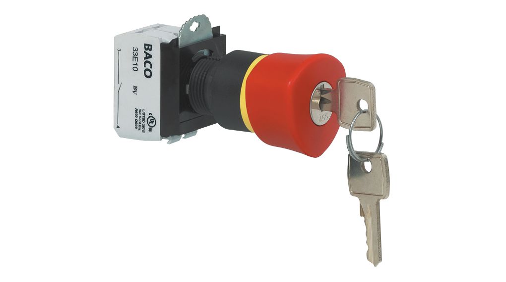 BACO L22GR Series Latching Emergency Stop Push Button, 22 mm Cutout, 1 NO/1 NC, IP66