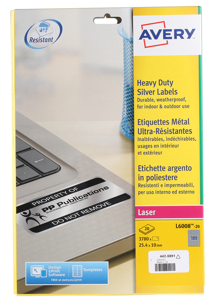 l6008-20uk Avery Silver Adhesive Heavy duty Label Sheet, Pack of 20 Per Pack