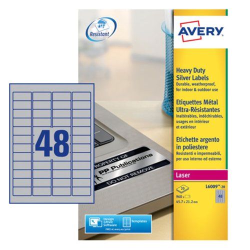 Avery Silver Adhesive High Visibility Label Sheet, Pack of 20 Per Pack