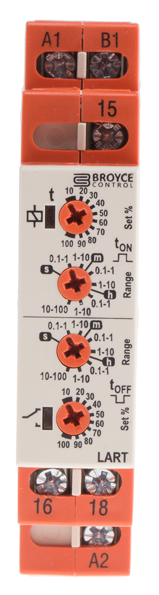 Broyce Control LART Series DIN Rail Timer Relay, 1-Contact, 230 V dc 230V ac, 24 V ac, 0.1 s to 100 h, 2-Function, SPDT