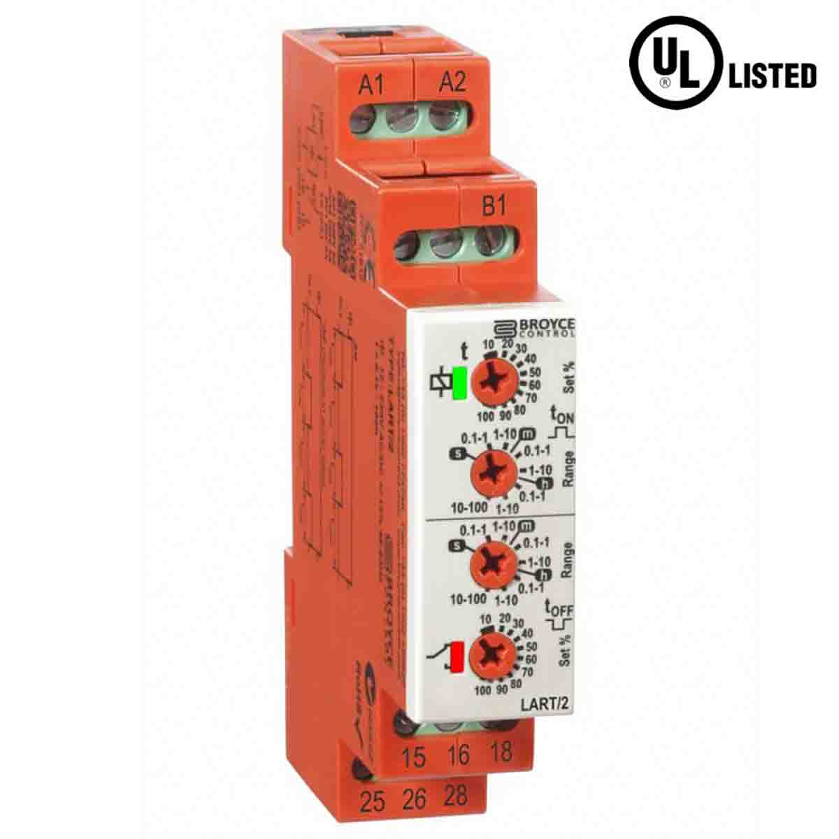 Broyce Control LART/2 Series DIN Rail Timer Relay, 2-Contact, 12 to 230 V dc 230V ac, 24 V ac, 0.1 s to 100 h,