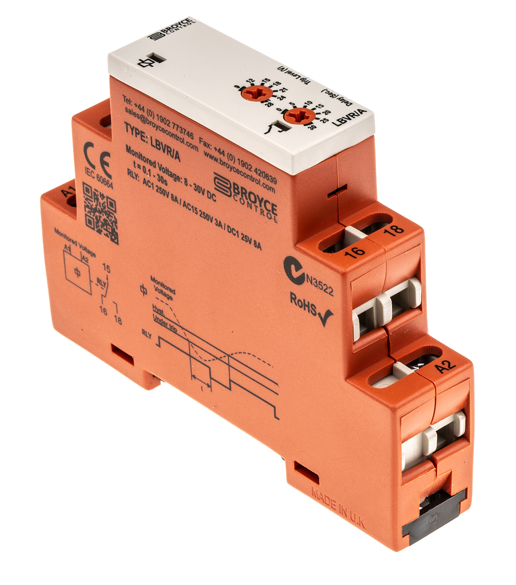 Broyce Control Monitoring Relay, 3 Phase, SPDT, DIN Rail 24 V dc