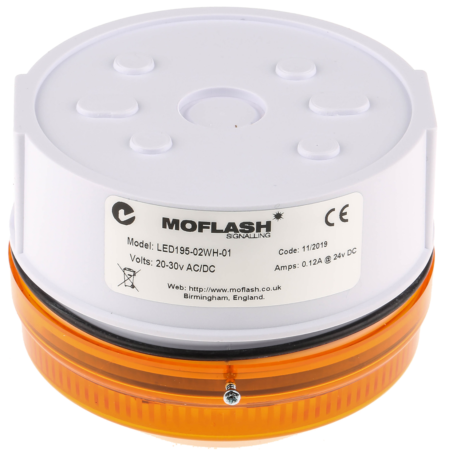 led195-02wh-01 Moflash LED195 Series Amber Flashing Beacon 48V ac/dc, LED Bulb Rear, IP65