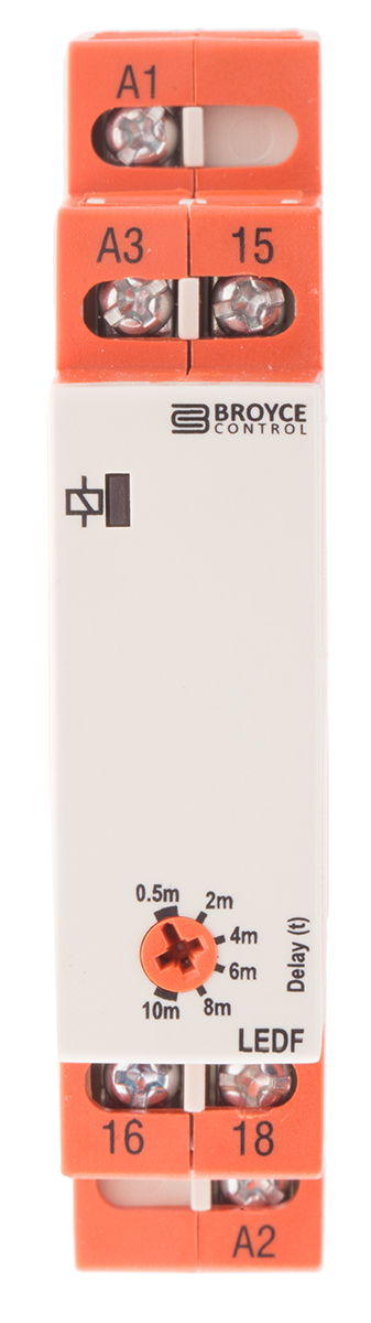 Broyce Control LEDF Series DIN Rail Timer Relay, 1-Contact, 24 V dc 110V ac, 24 V ac, 0.5 to 10 min, 1-Function, SPDT