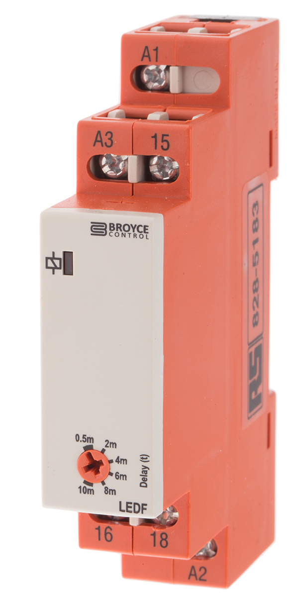 ledf-24vacdc110vac-05-10-mins Broyce Control LEDF Series DIN Rail Timer Relay, 1-Contact, 24 V dc 110V ac, 24 V ac, 0.5 to 10 min, 1-Function, SPDT