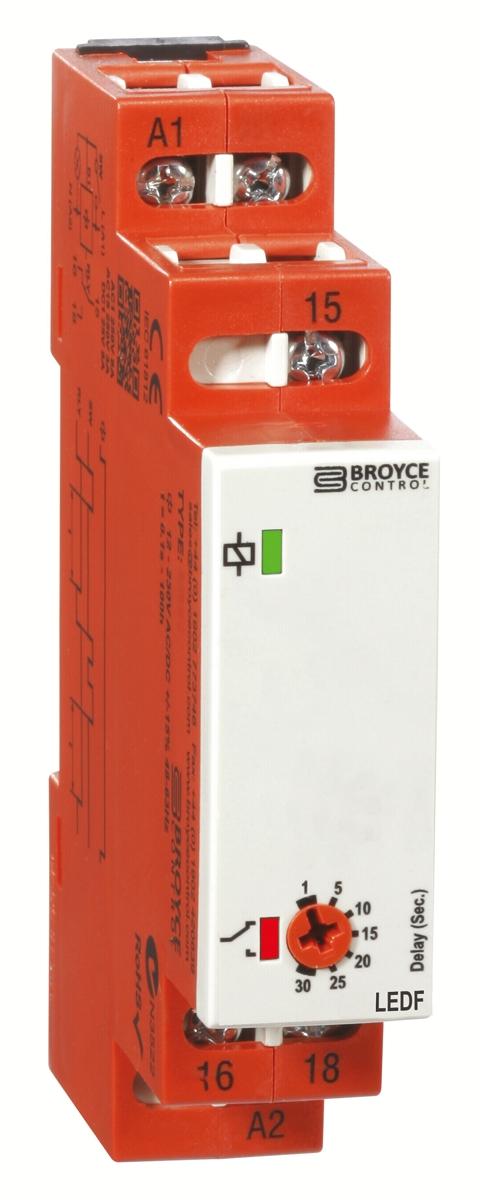 Broyce Control LEDF Series DIN Rail Timer Relay, 1-Contact, 24 V dc 110V ac, 24 V ac, 0.5 to 10 s, 1-Function, SPDT