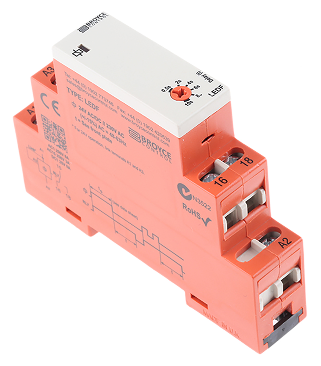 Broyce Control LEDF Series DIN Rail Timer Relay, 1-Contact, 24 V dc 230V ac, 24 V ac, 0.5 to 10 s, 1-Function, SPDT