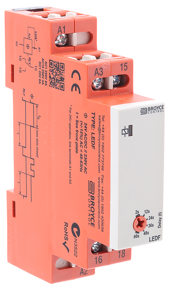 Broyce Control LEDF Series DIN Rail Timer Relay, 1-Contact, 24 V dc 230V ac, 24 V ac, 2 to 60 s, 1-Function, SPDT Switch