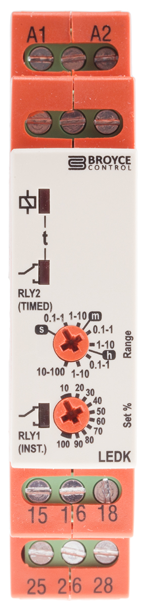 Broyce Control LEDK Series DIN Rail Timer Relay, 2-Contact, 230 V dc 12V ac, 230 V ac, 0.1 s to 100 h, 1-Function, 2 x