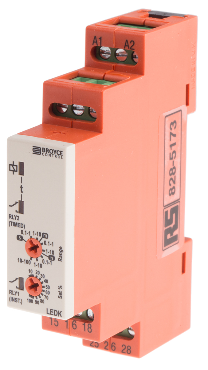ledk-12-230v-acdc Broyce Control LEDK Series DIN Rail Timer Relay, 2-Contact, 230 V dc 12V ac, 230 V ac, 0.1 s to 100 h, 1-Function, 2 x