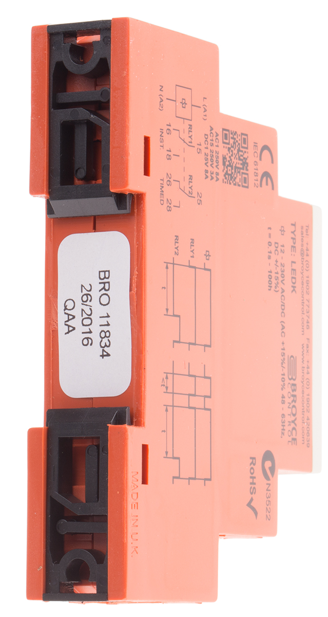 ledk-12-230v-acdc Broyce Control LEDK Series DIN Rail Timer Relay, 2-Contact, 230 V dc 12V ac, 230 V ac, 0.1 s to 100 h, 1-Function, 2 x