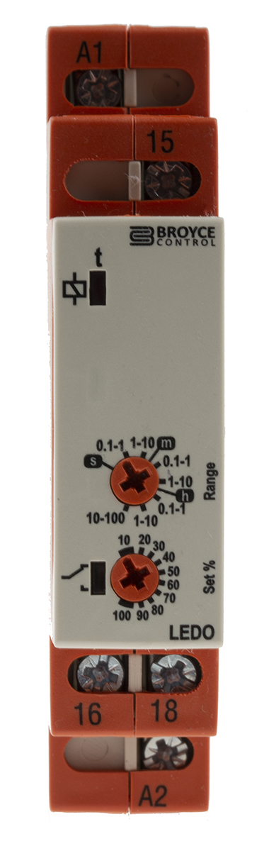 Broyce Control LEDO Series DIN Rail Timer Relay, 1-Contact, 230 V dc 12V ac, 230 V ac, 0.1 s to 100 h, 1-Function, SPDT