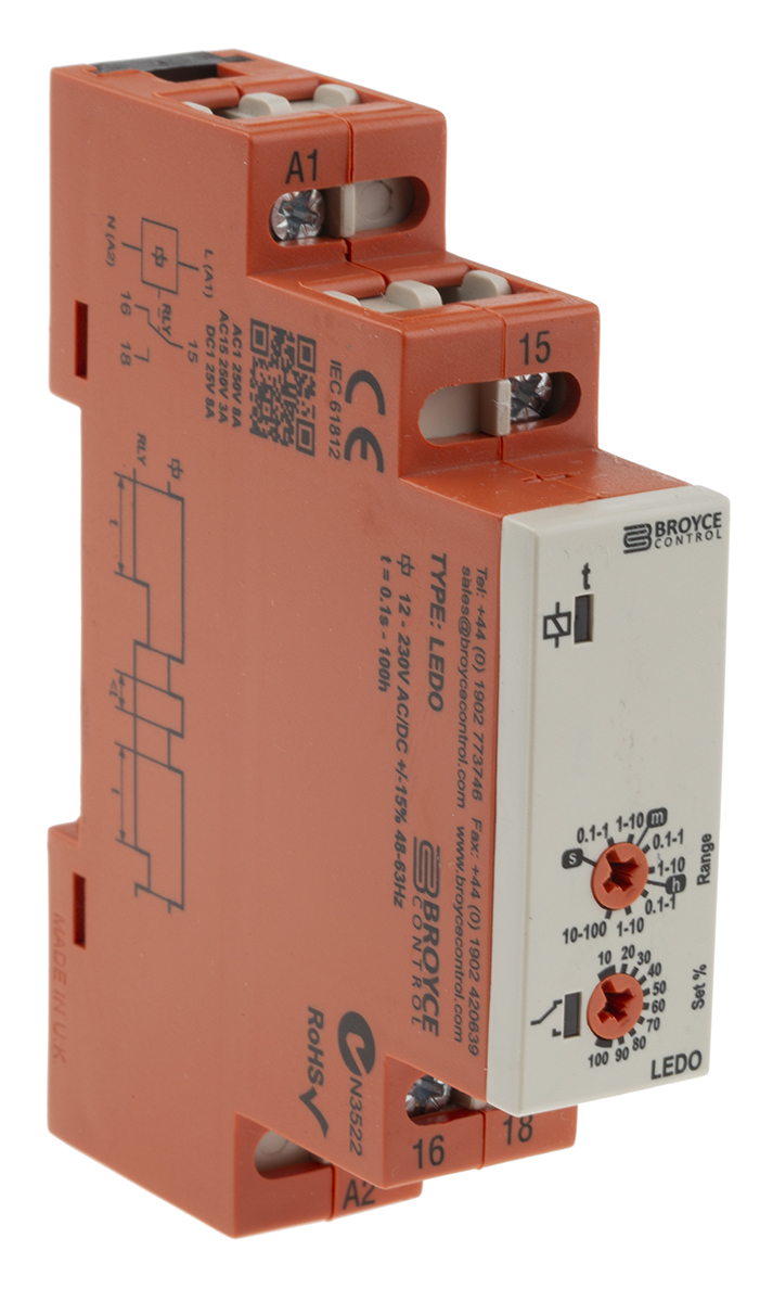 ledo-12-230v-acdc Broyce Control LEDO Series DIN Rail Timer Relay, 1-Contact, 230 V dc 12V ac, 230 V ac, 0.1 s to 100 h, 1-Function, SPDT