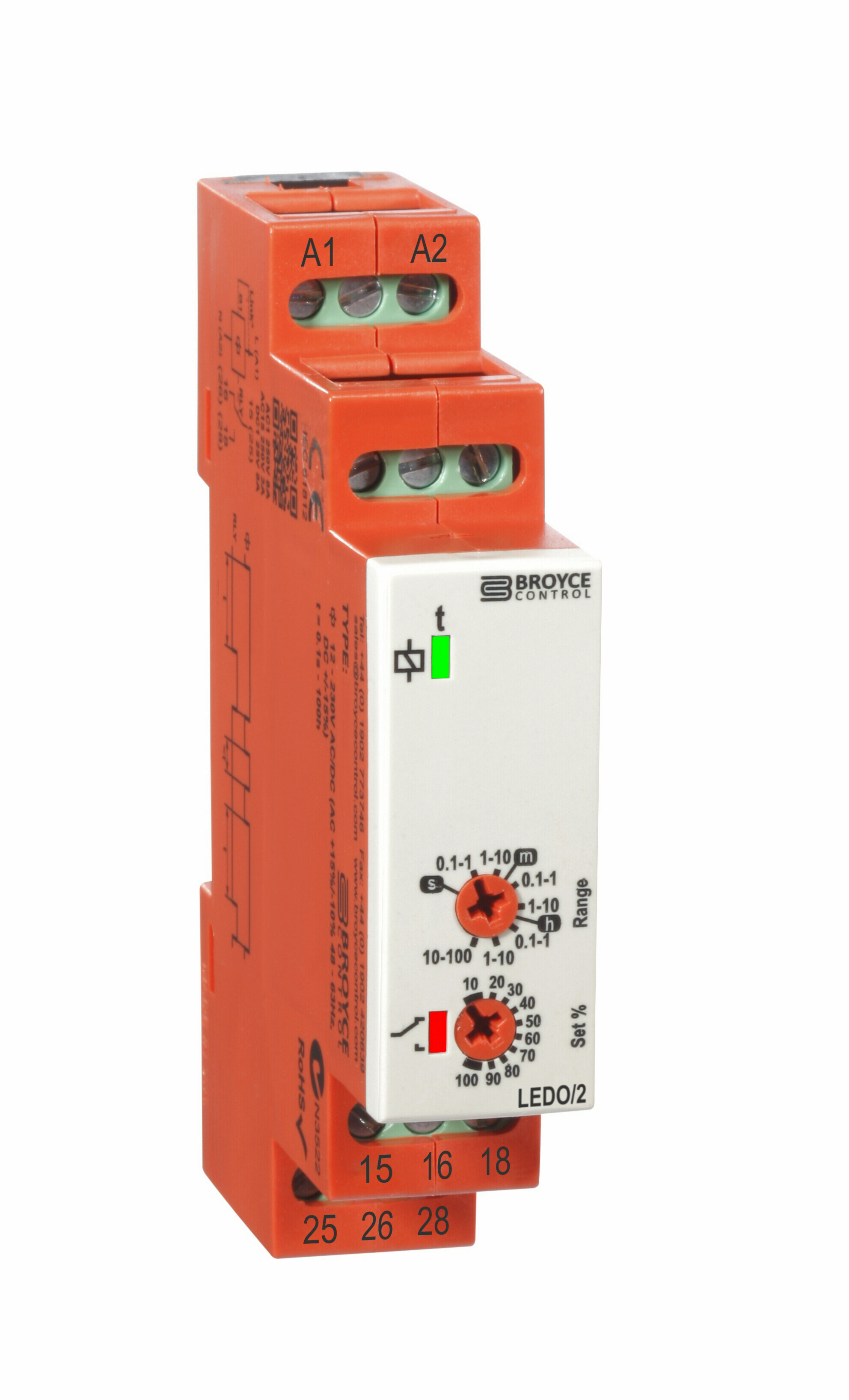 Broyce Control LEDO/2 Series DIN Rail Timer Relay, 2-Contact, 12 to 230 V dc 12V ac, 230 V ac, 0.1 s to 100 h,