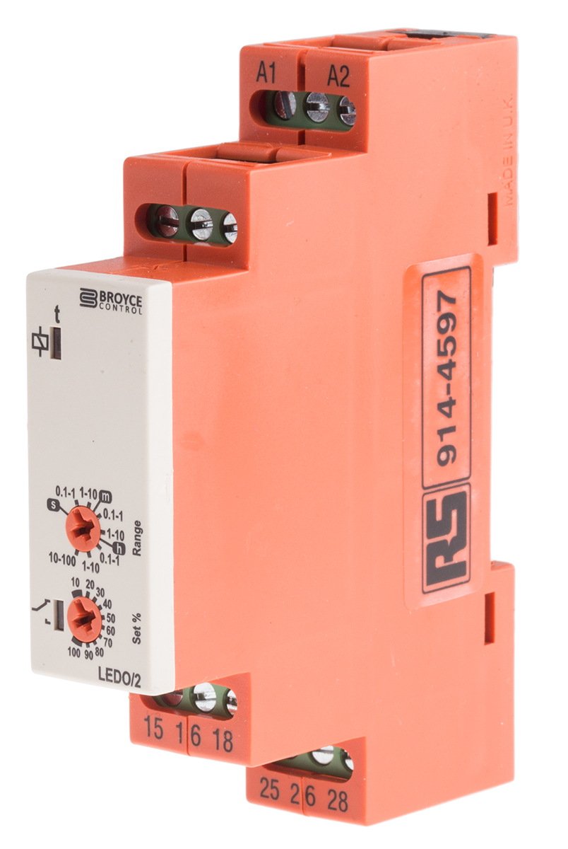 ledo2-12-230v-acdc Broyce Control LEDO/2 Series DIN Rail Timer Relay, 2-Contact, 12 to 230 V dc 12V ac, 230 V ac, 0.1 s to 100 h,