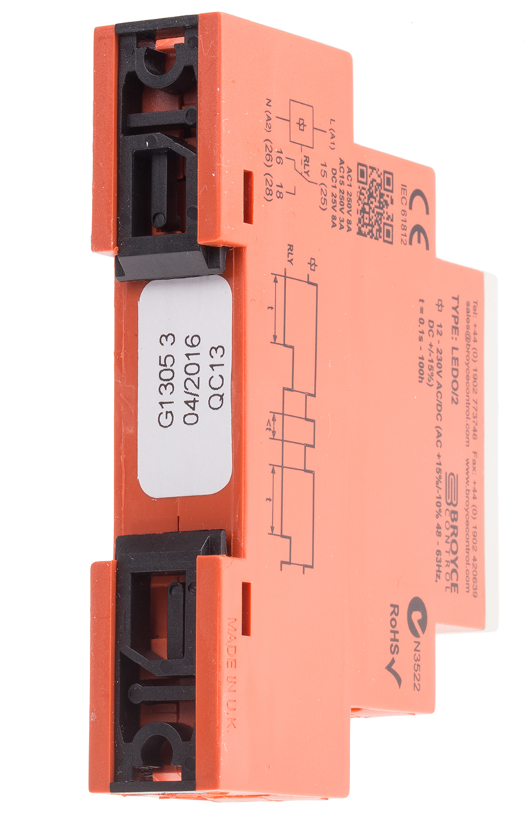 ledo2-12-230v-acdc Broyce Control LEDO/2 Series DIN Rail Timer Relay, 2-Contact, 12 to 230 V dc 12V ac, 230 V ac, 0.1 s to 100 h,