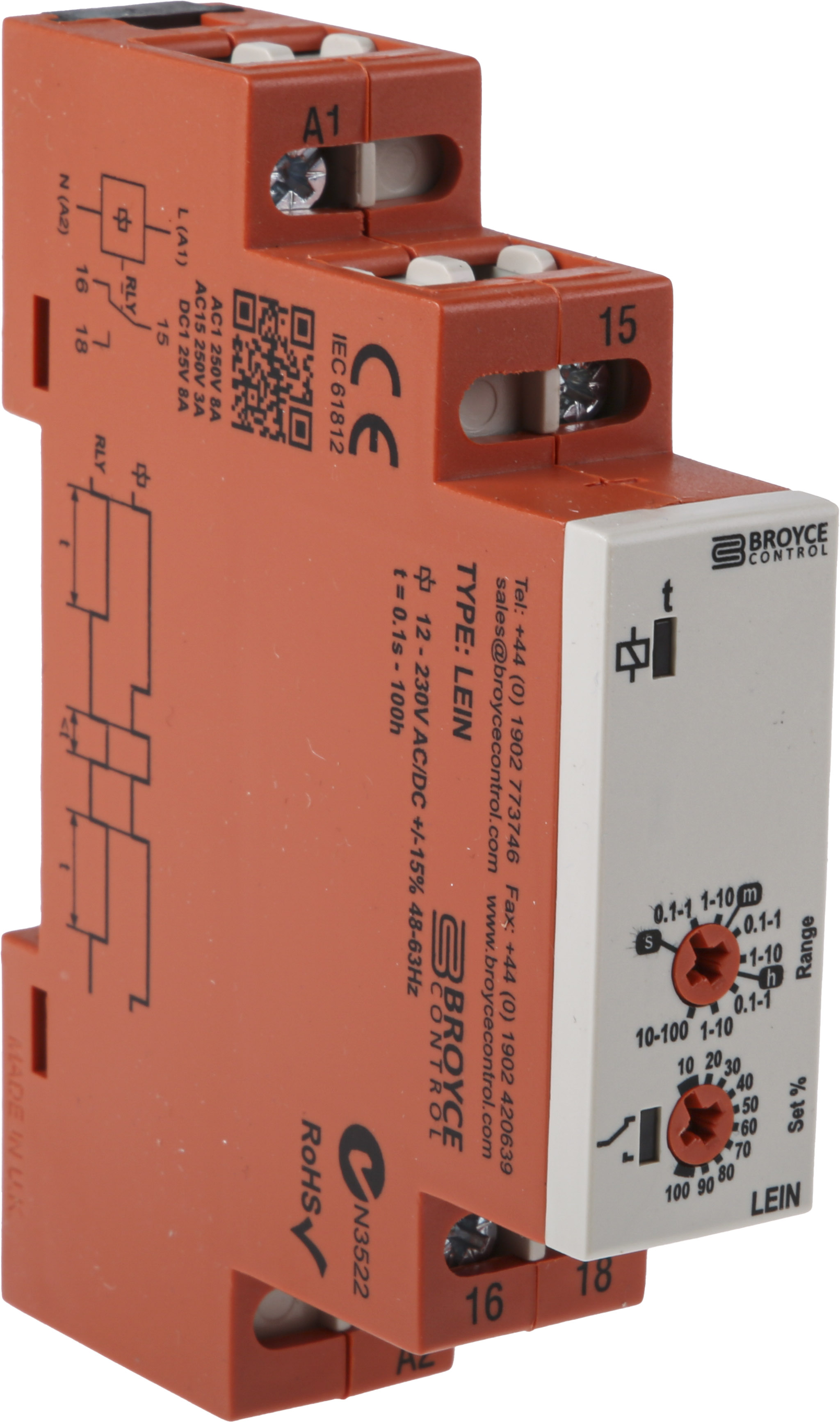 Broyce Control LEIN Series DIN Rail Timer Relay, 1-Contact, 230 V dc 12V ac, 230 V ac, 0.1 s to 100 h, 1-Function, SPDT