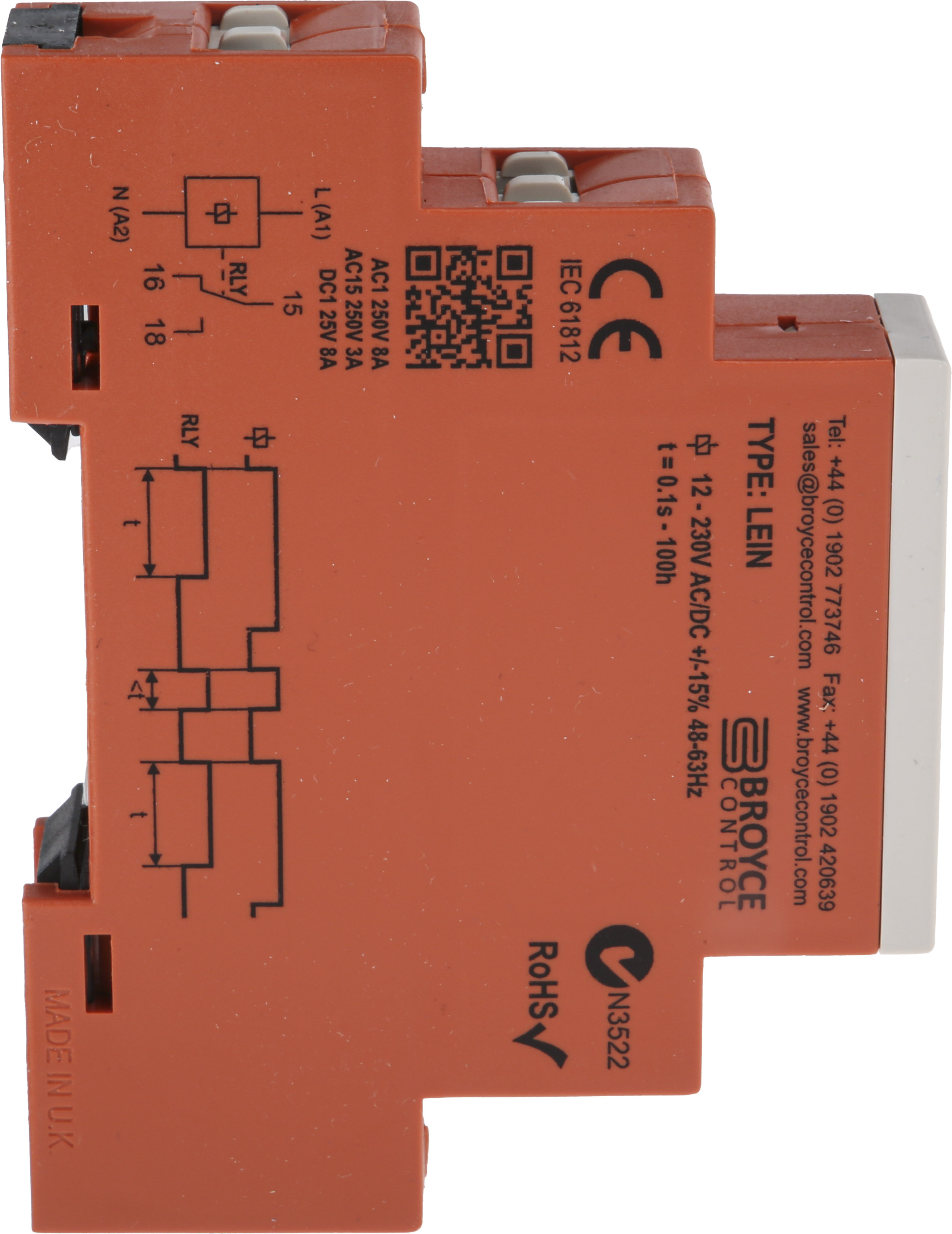 lein-12-230v-acdc Broyce Control LEIN Series DIN Rail Timer Relay, 1-Contact, 230 V dc 12V ac, 230 V ac, 0.1 s to 100 h, 1-Function, SPDT