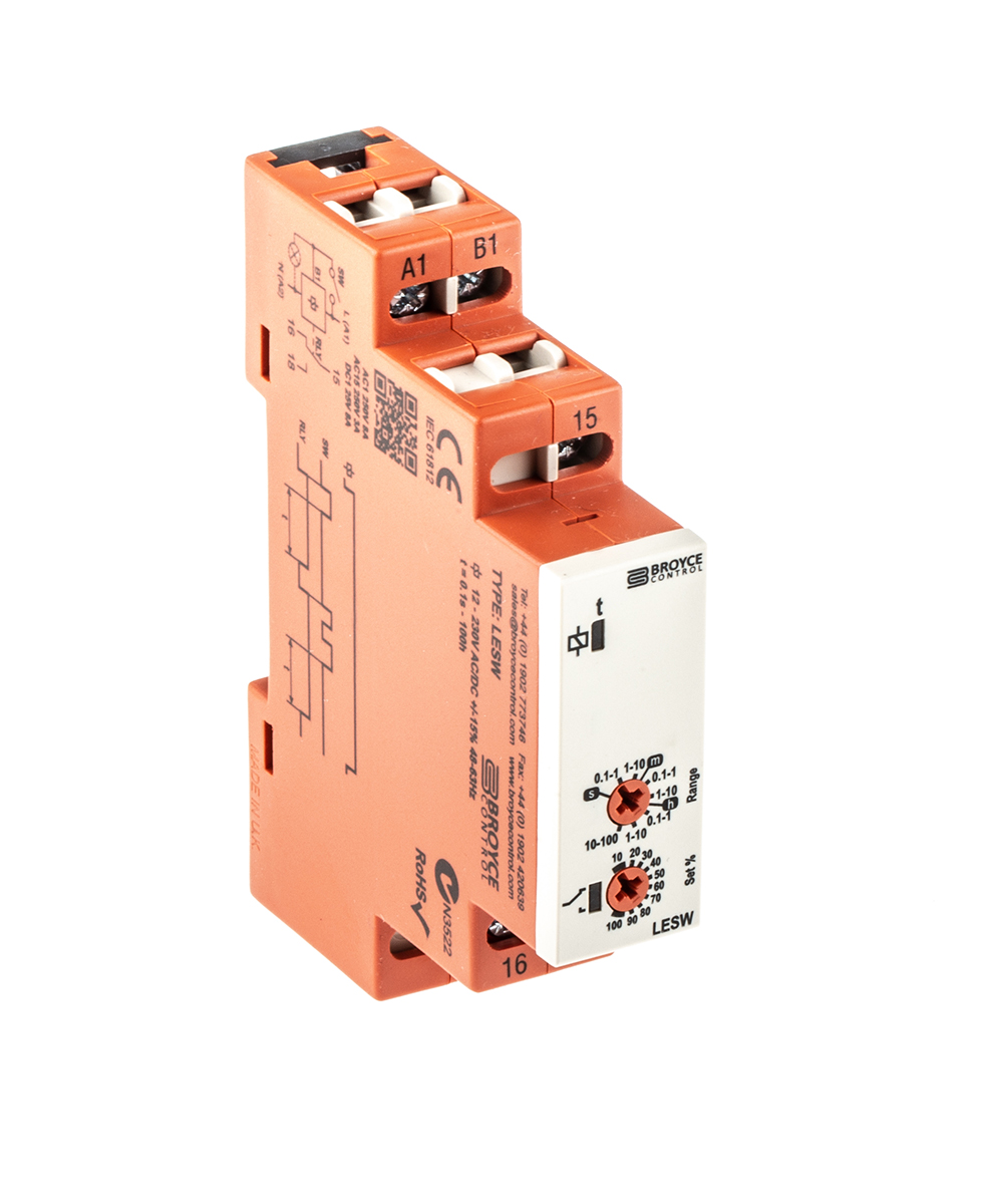 lesw-12-230v-acdc Broyce Control LESW Series DIN Rail Timer Relay, 1-Contact, 230 V dc 12V ac, 230 V ac, 0.1 s to 100 h, 1-Function, SPDT
