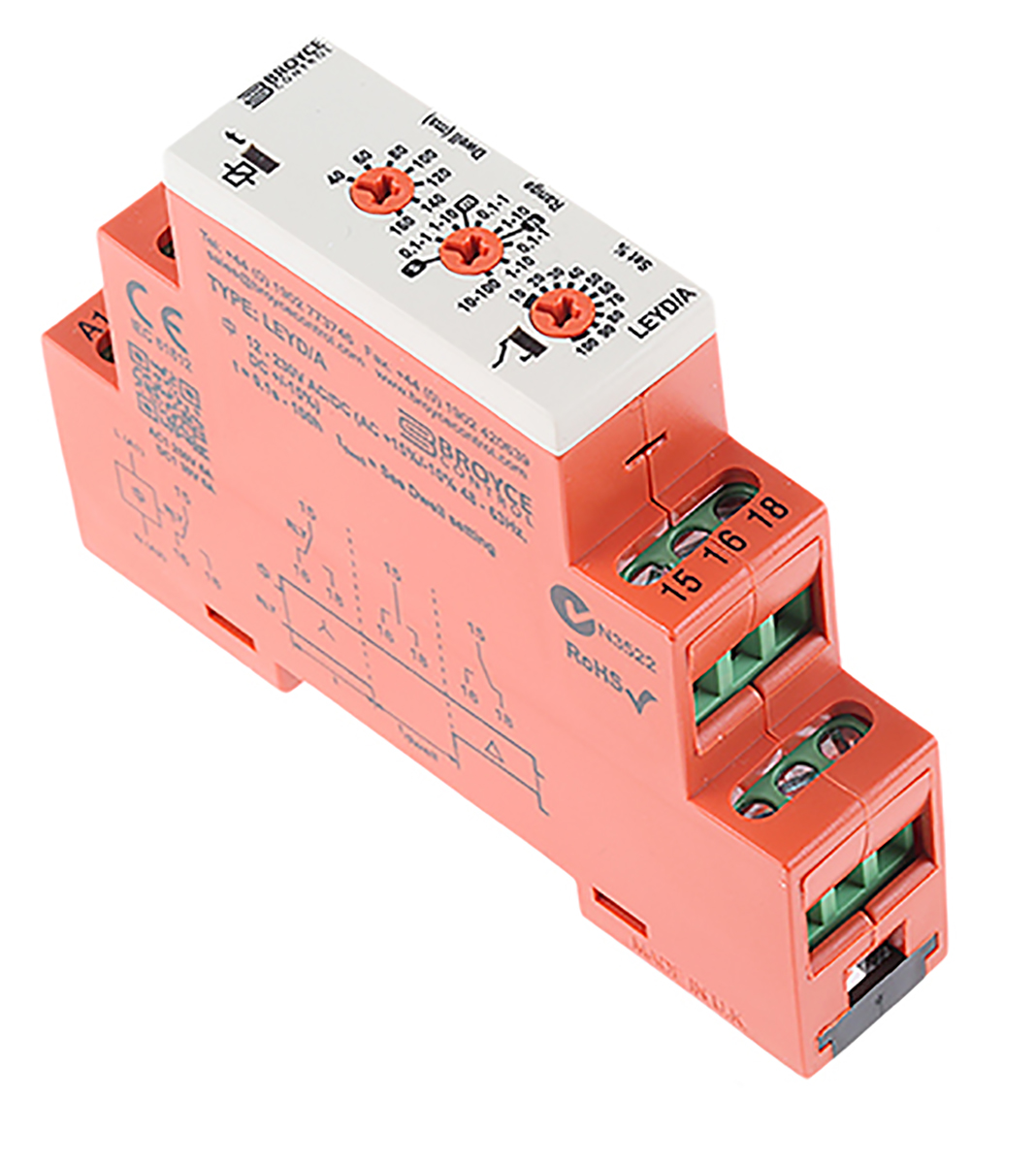 Broyce Control LEYD Series DIN Rail Timer Relay, 1-Contact, 230 V dc 12V ac, 230 V ac, 0.1 s to 100 h, 1-Function, SPDT