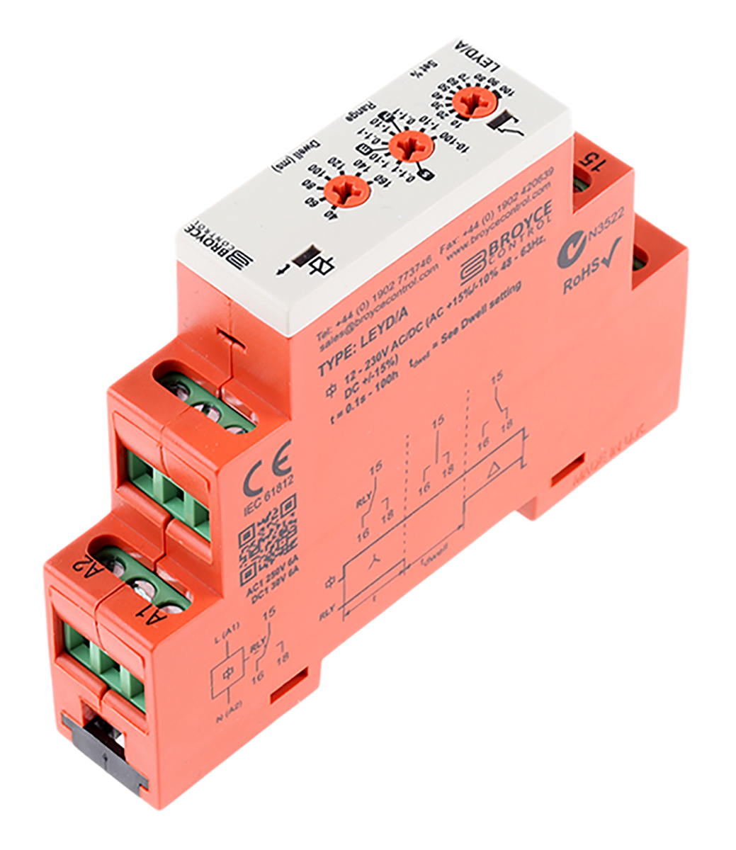 leyda-12-230v-acdc Broyce Control LEYD Series DIN Rail Timer Relay, 1-Contact, 230 V dc 12V ac, 230 V ac, 0.1 s to 100 h, 1-Function, SPDT