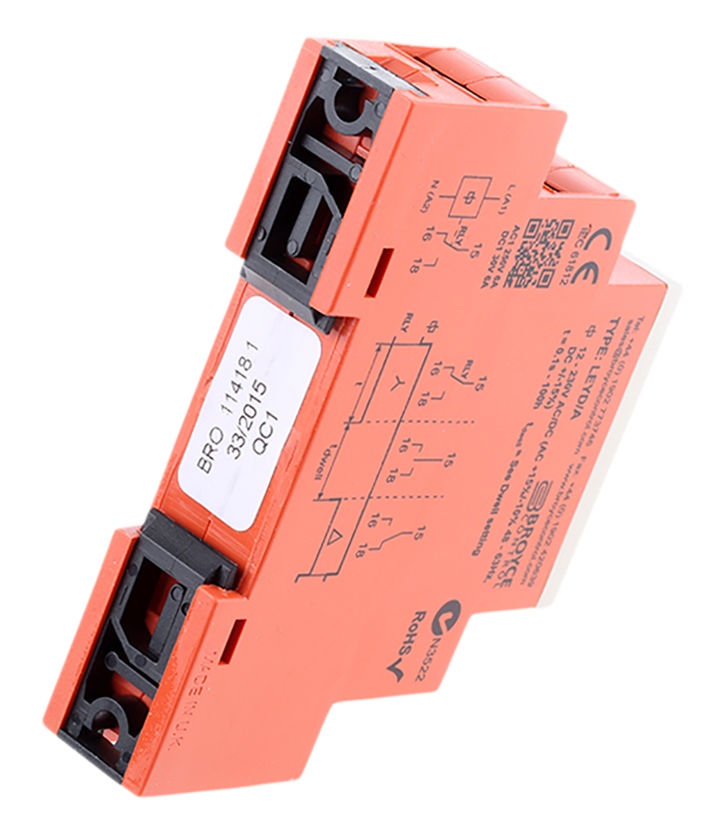 leyda-12-230v-acdc Broyce Control LEYD Series DIN Rail Timer Relay, 1-Contact, 230 V dc 12V ac, 230 V ac, 0.1 s to 100 h, 1-Function, SPDT