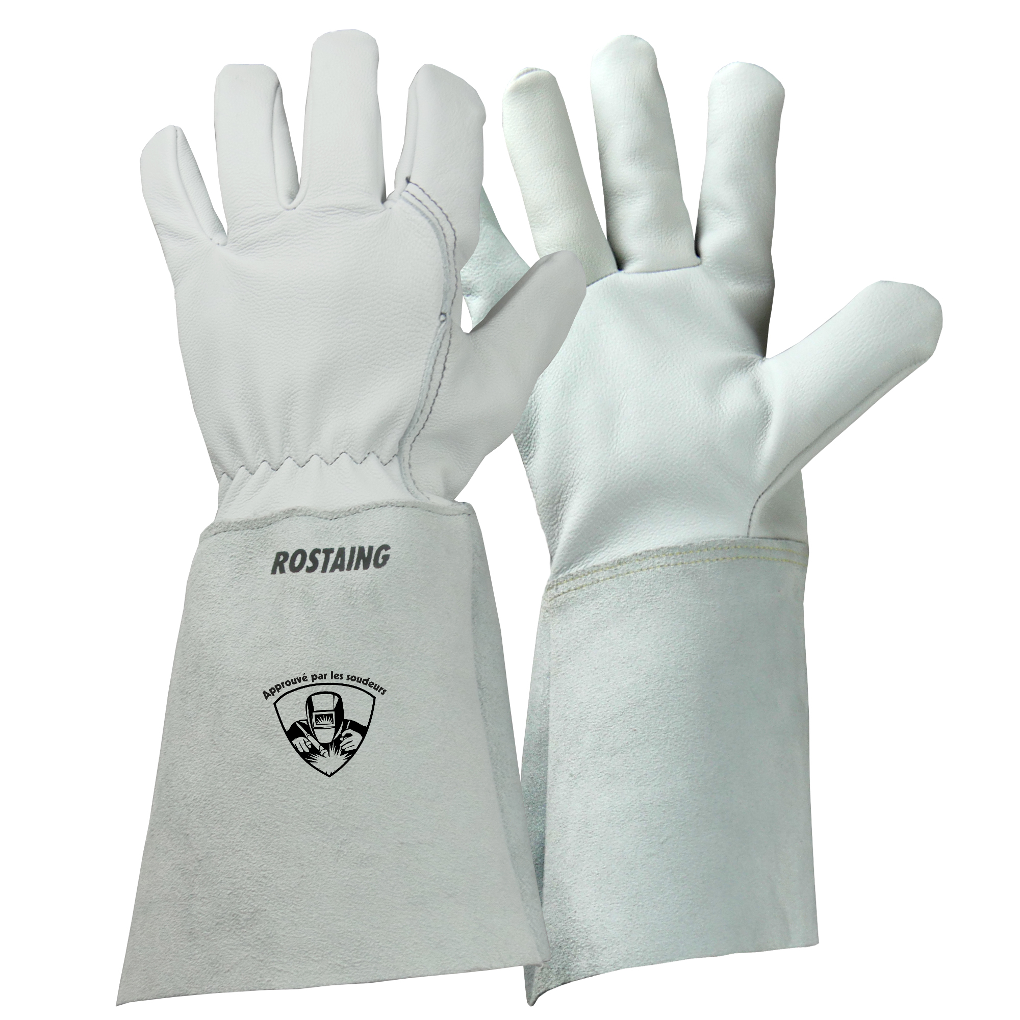 Rostaing Grey, White Leather, Para Aramid Welding Gloves 350 mm Cut Resistant, Heat Resistant