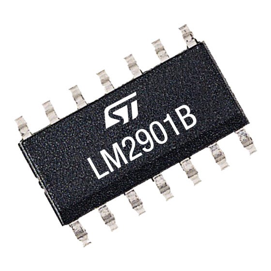LM2901BYDT STMicroelectronics 4-Channel Comparator CMOS, DTL, ECL, MOS, TTL O/P, 1 μs 36 V 2 V 14-Pin SO-14